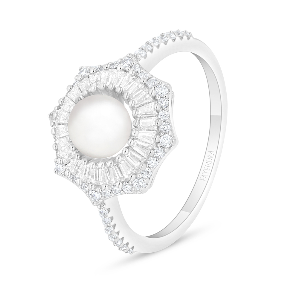 Sterling Silver 925 Ring Rhodium Plated Embedded With Natural White Pearl And White Zircon 