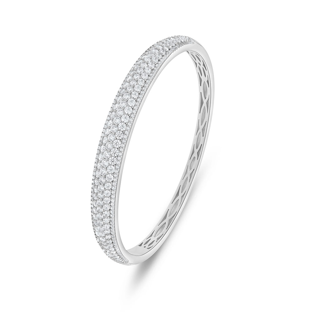 Sterling Silver 925 Bangle Rhodium Plated Embedded With White Zircon (52*58)M