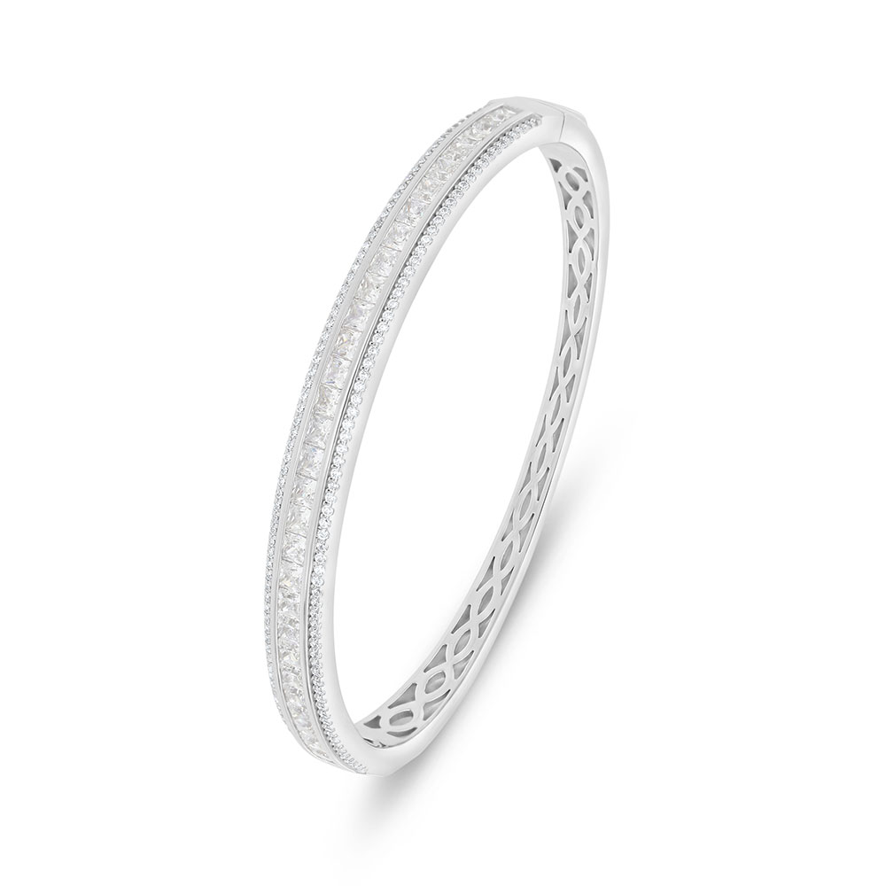 Sterling Silver 925 Bangle Rhodium Plated Embedded With White Zircon (48*54)M