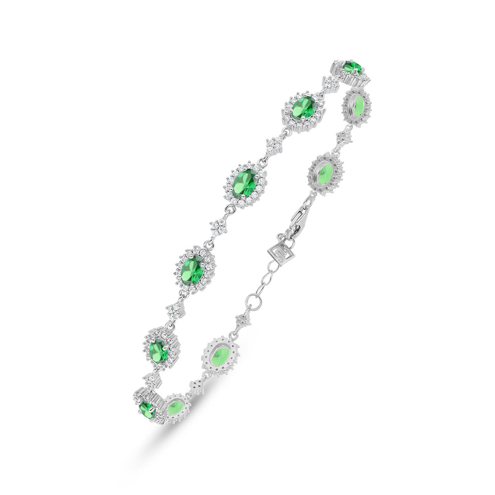 Sterling Silver 925 Bracelet Rhodium Plated Embedded With Emerald Zircon And White Zircon