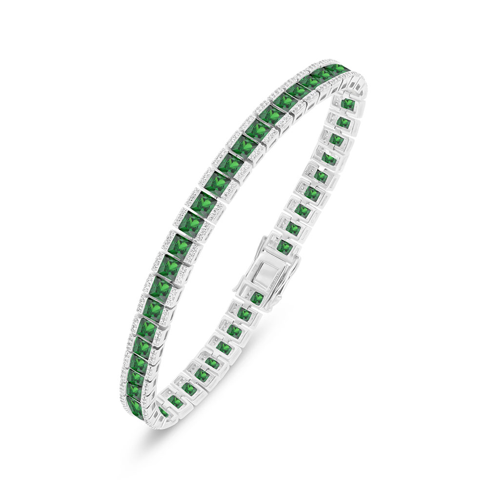 Sterling Silver 925 Bracelet Rhodium Plated Embedded With Emerald Zircon And White Zircon