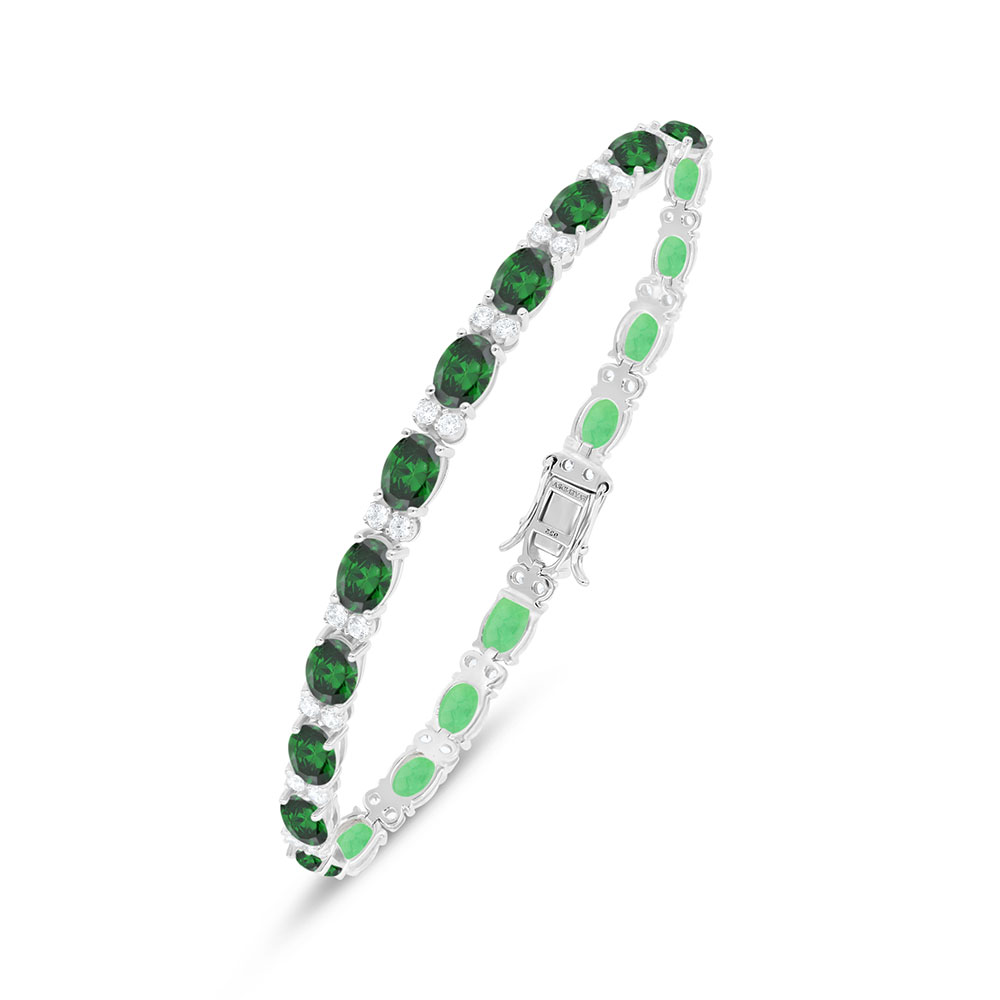 Sterling Silver 925 Bracelet Rhodium Plated Embedded With Emerald Zircon And White Zircon