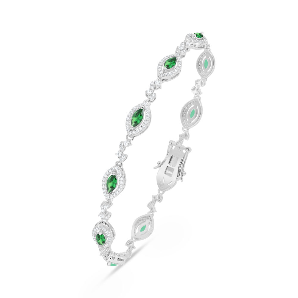 Sterling Silver 925 Bracelet Rhodium Plated Embedded With Emerald Zircon And White Zircon