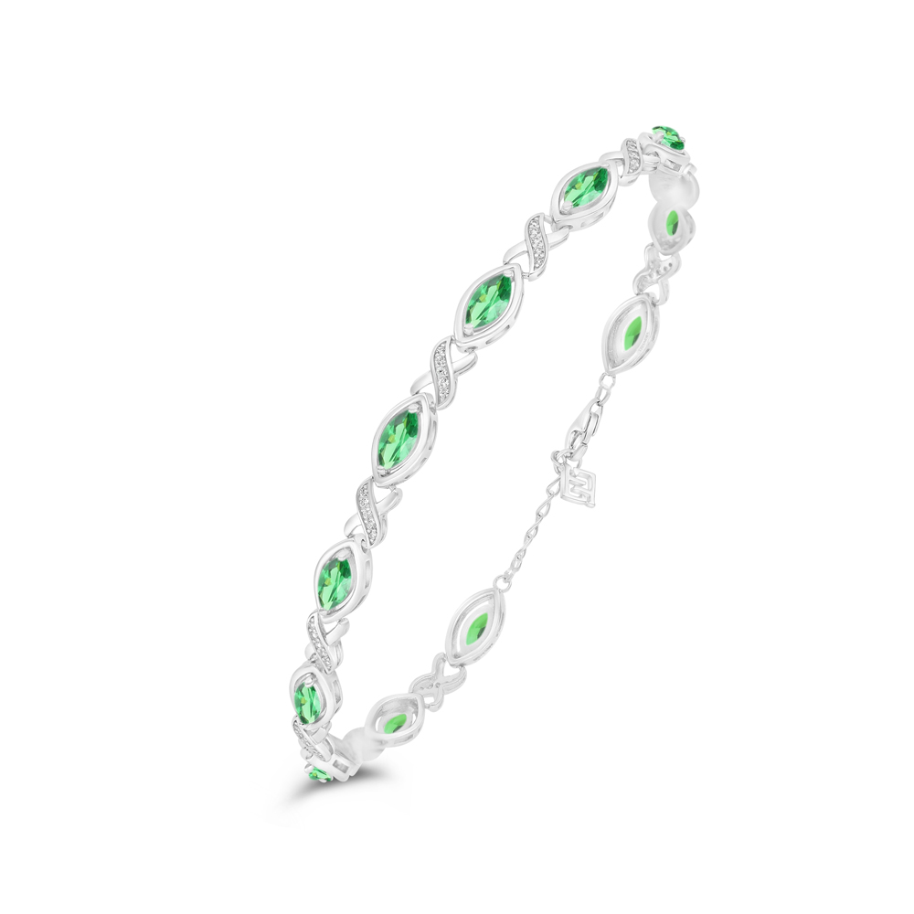 Sterling Silver 925 Bracelet Rhodium Plated Embedded With Emerald Zircon And White Zircon