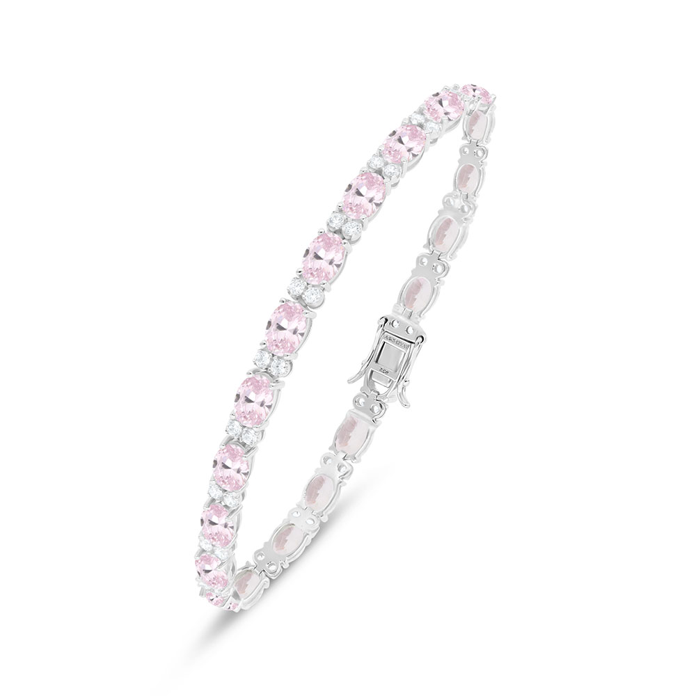 Sterling Silver 925 Bracelet Rhodium Plated Embedded With Pink Zircon And White Zircon