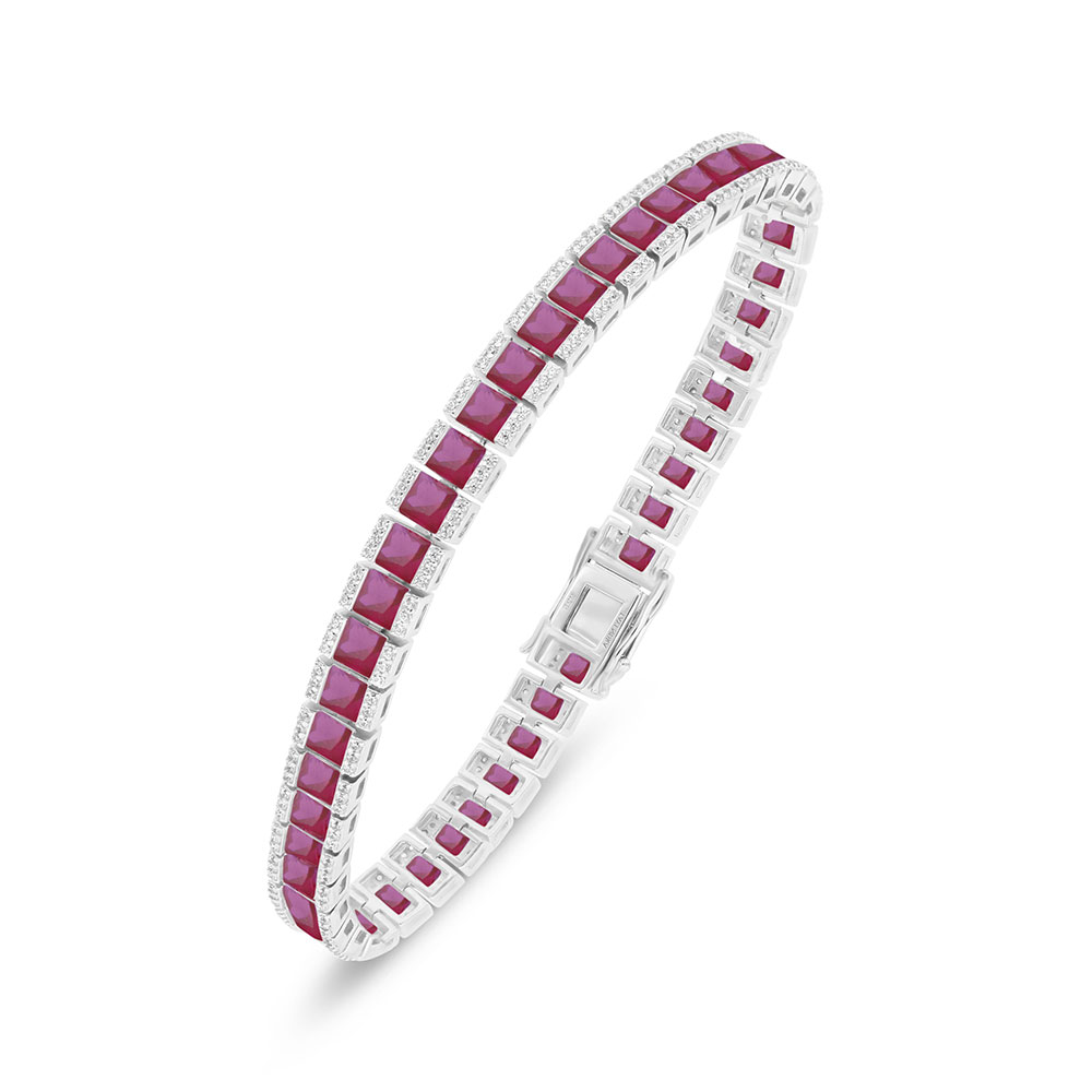 Sterling Silver 925 Bracelet Rhodium Plated Embedded With Ruby Corundum And White Zircon