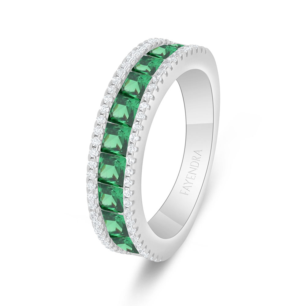 Sterling Silver 925 Ring Rhodium Plated Embedded With Emerald Zircon And White Zircon