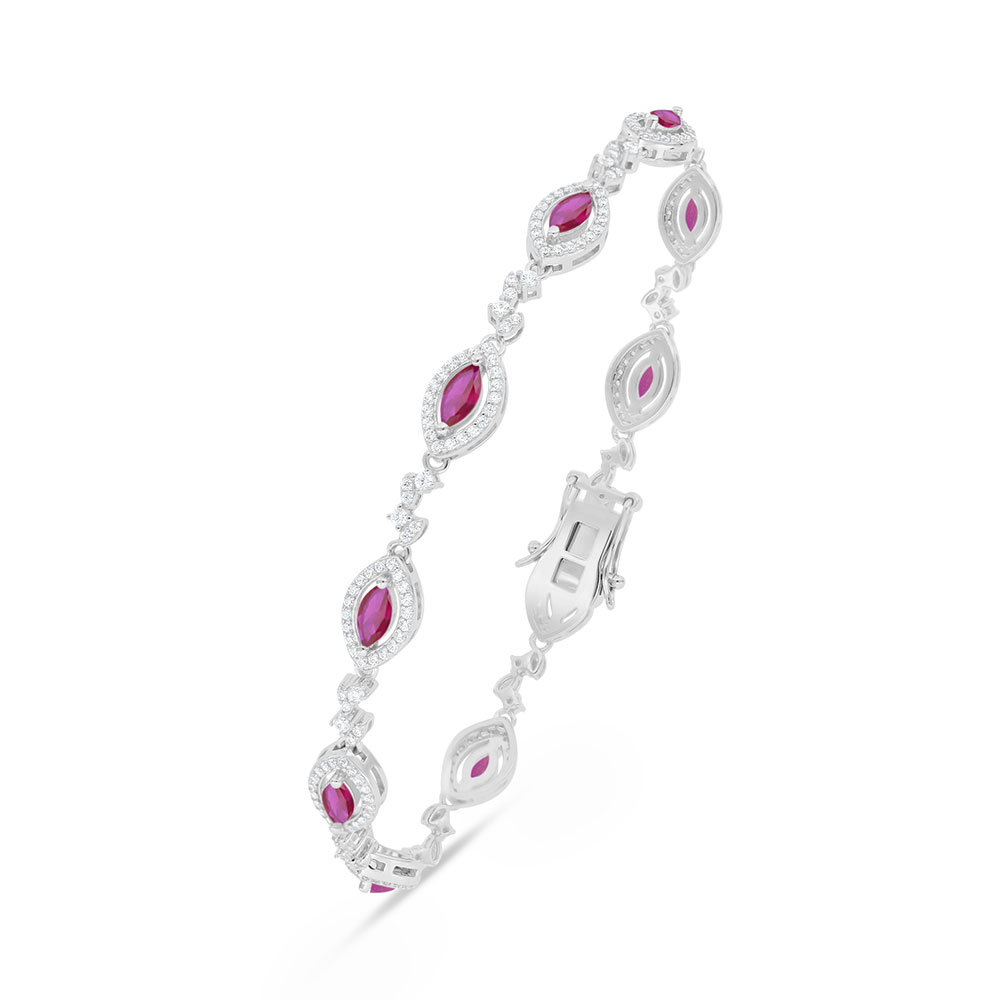 Sterling Silver 925 Bracelet Rhodium Plated Embedded With Ruby Corundum And White Zircon