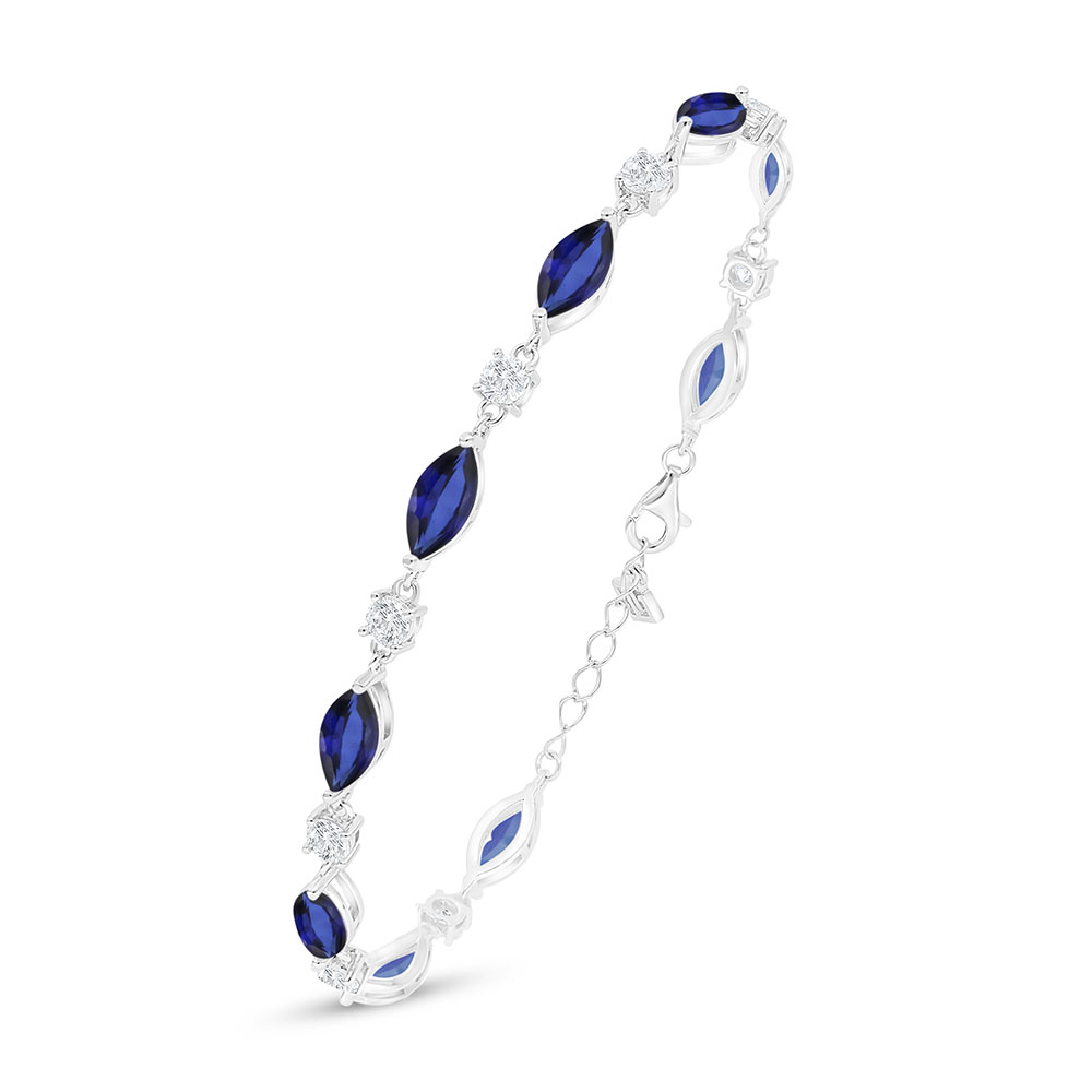 Sterling Silver 925 Bracelet Rhodium Plated Embedded With Sapphire Corundum And White Zircon