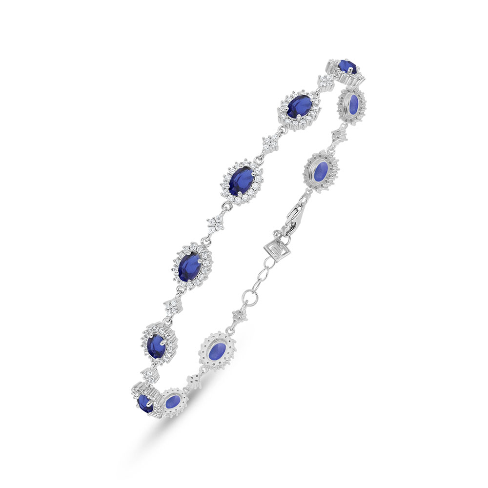 Sterling Silver 925 Bracelet Rhodium Plated Embedded With Sapphire Corundum And White Zircon