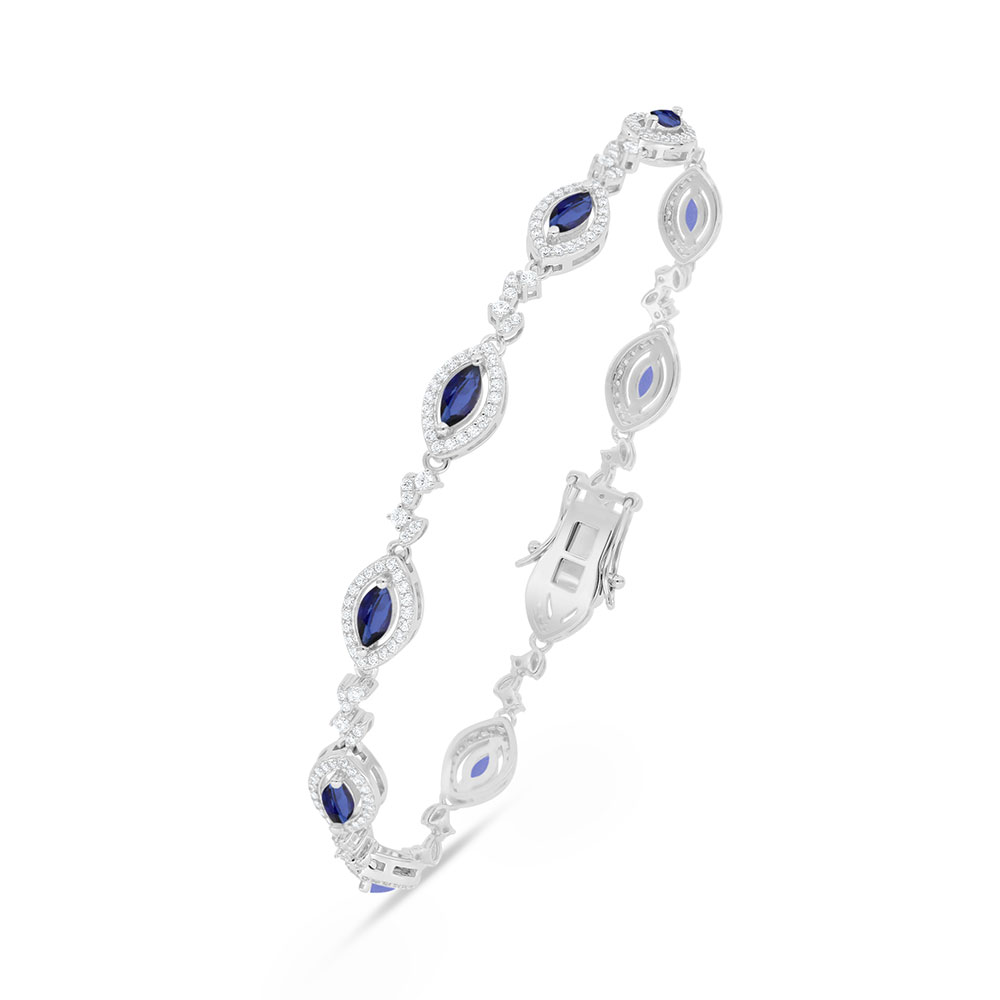 Sterling Silver 925 Bracelet Rhodium Plated Embedded With Sapphire Corundum And White Zircon