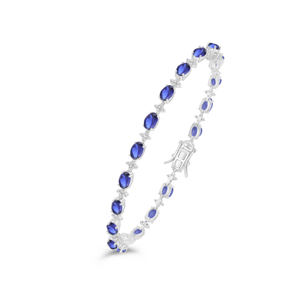 Sterling Silver 925 Bracelet Rhodium Plated Embedded With Sapphire Corundum And White Zircon