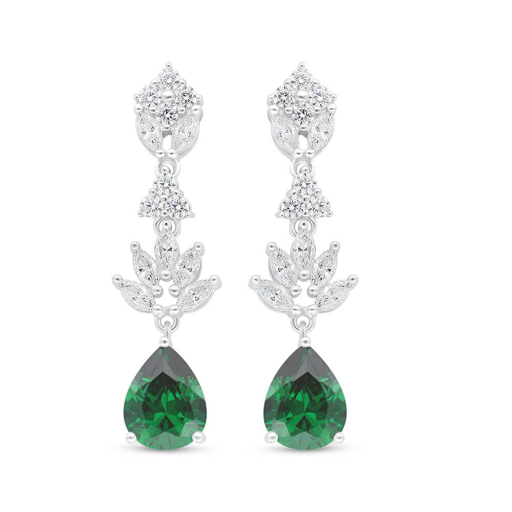 Sterling Silver 925 Earring Rhodium Plated Embedded With Emerald Zircon And White Zircon