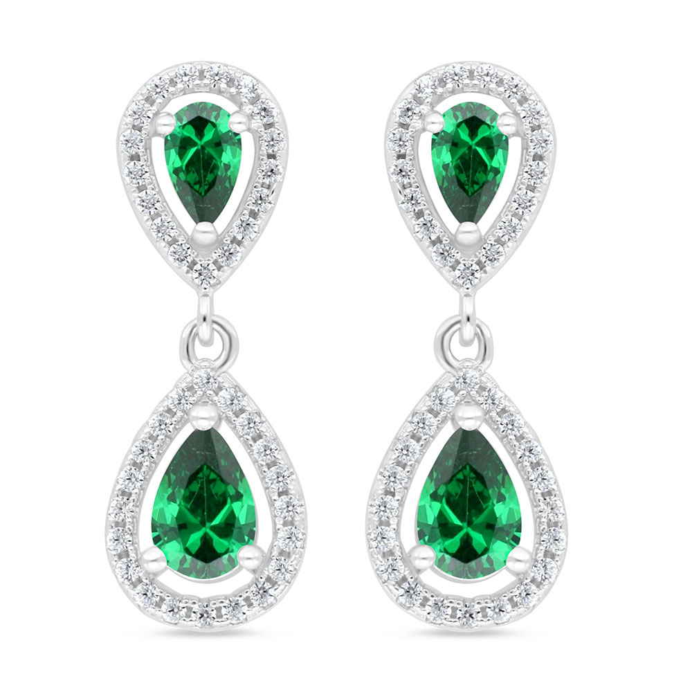 Sterling Silver 925 Earring Rhodium Plated Embedded With Emerald Zircon And White Zircon