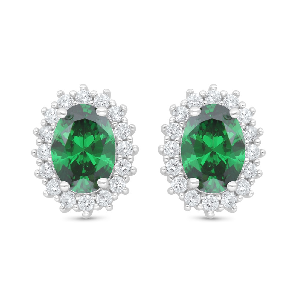 Sterling Silver 925 Earring Rhodium Plated Embedded With Emerald Zircon And White Zircon