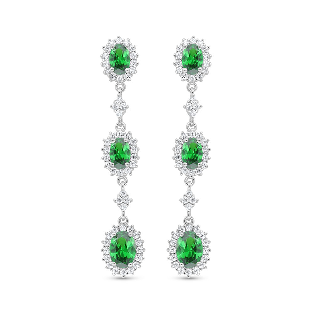 Sterling Silver 925 Earring Rhodium Plated Embedded With Emerald Zircon And White Zircon