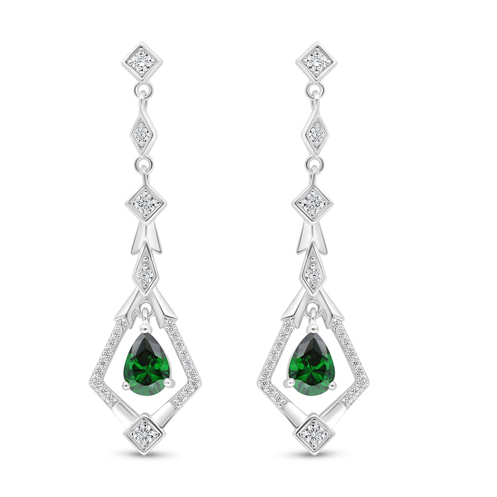 Sterling Silver 925 Earring Rhodium Plated Embedded With Emerald Zircon And White Zircon