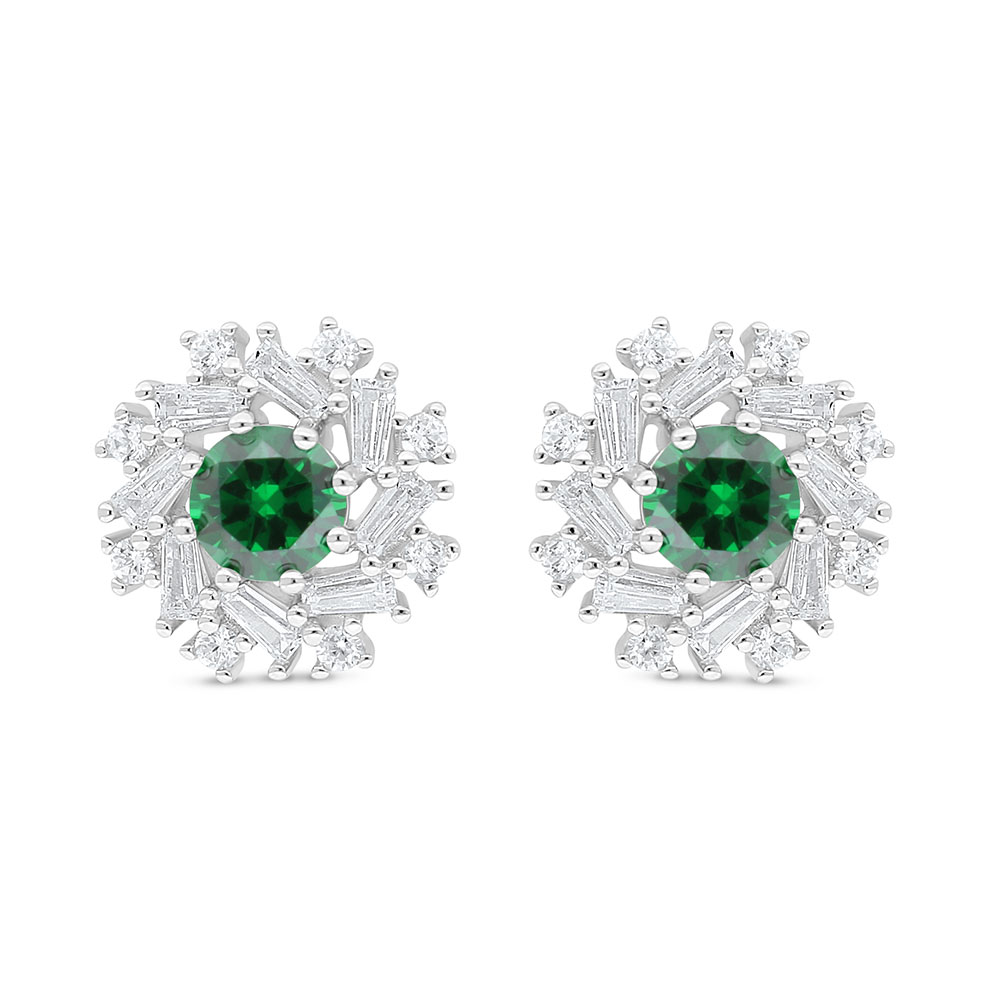 Sterling Silver 925 Earring Rhodium Plated Embedded With Emerald Zircon And White Zircon