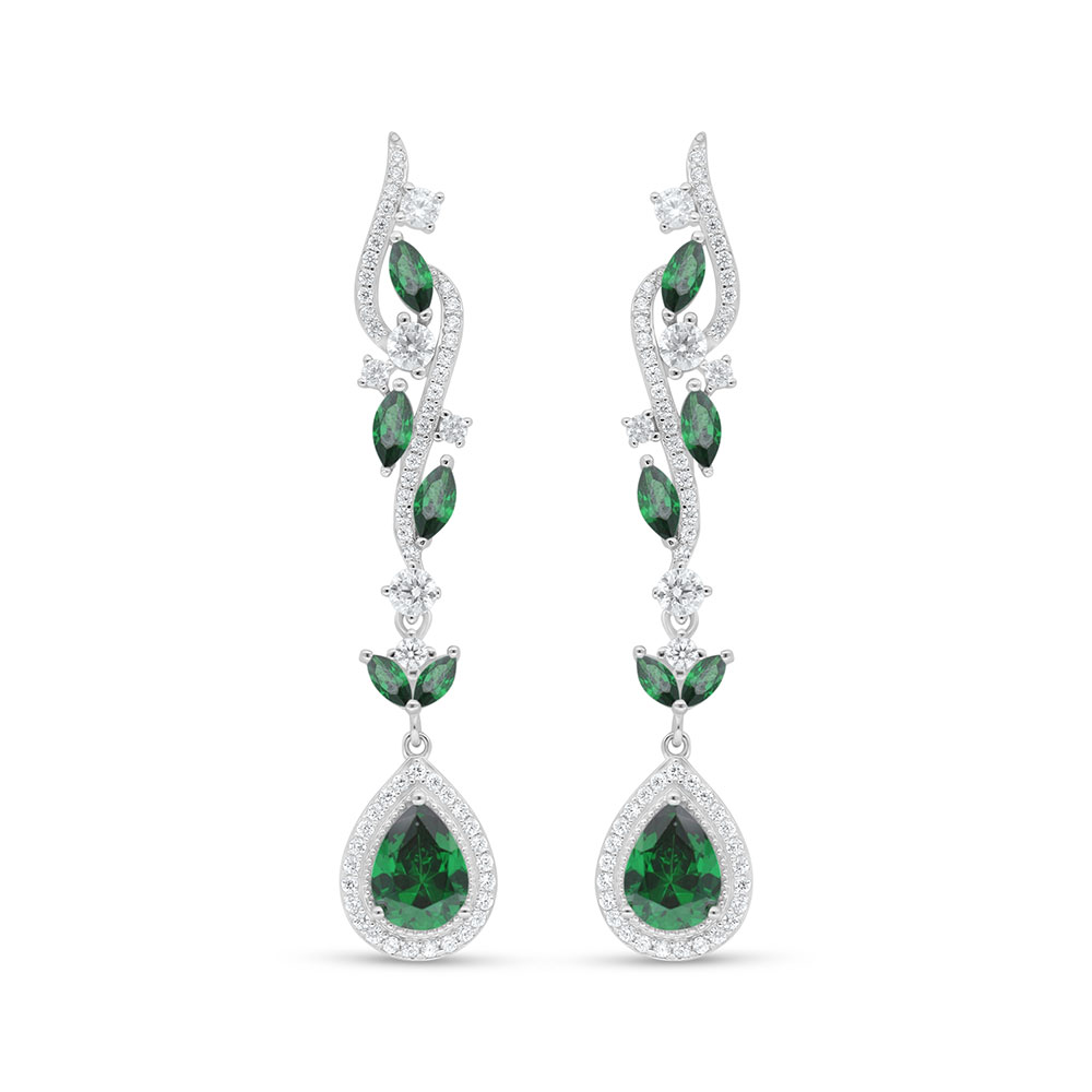 Sterling Silver 925 Earring Rhodium Plated Embedded With Emerald Zircon And White Zircon