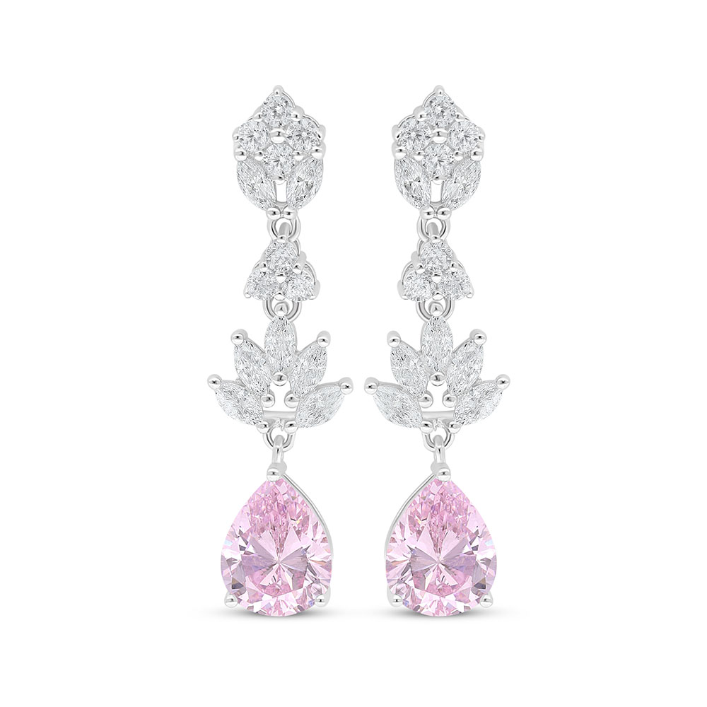 Sterling Silver 925 Earring Rhodium Plated Embedded With Pink Zircon And White Zircon