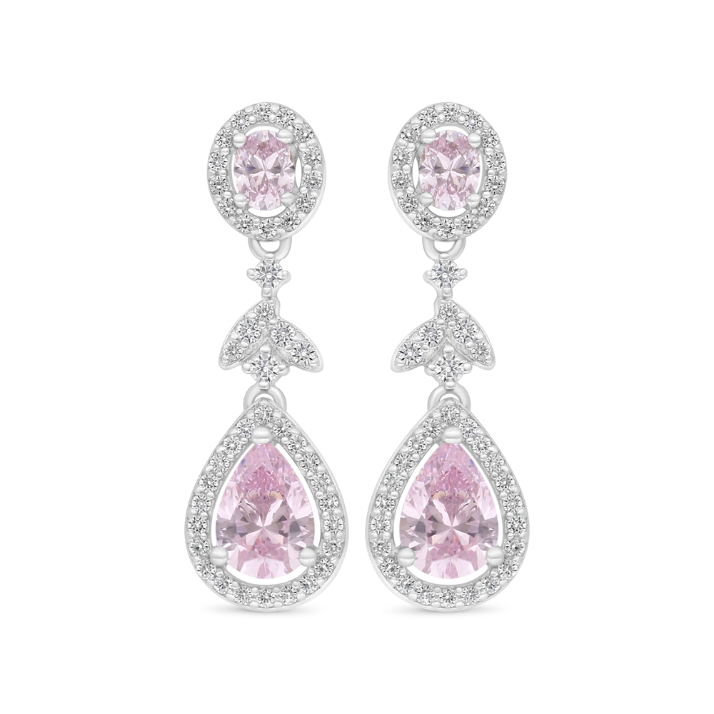 Sterling Silver 925 Earring Rhodium Plated Embedded With Pink Zircon And White Zircon