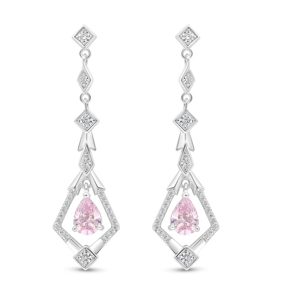 Sterling Silver 925 Earring Rhodium Plated Embedded With Pink Zircon And White Zircon