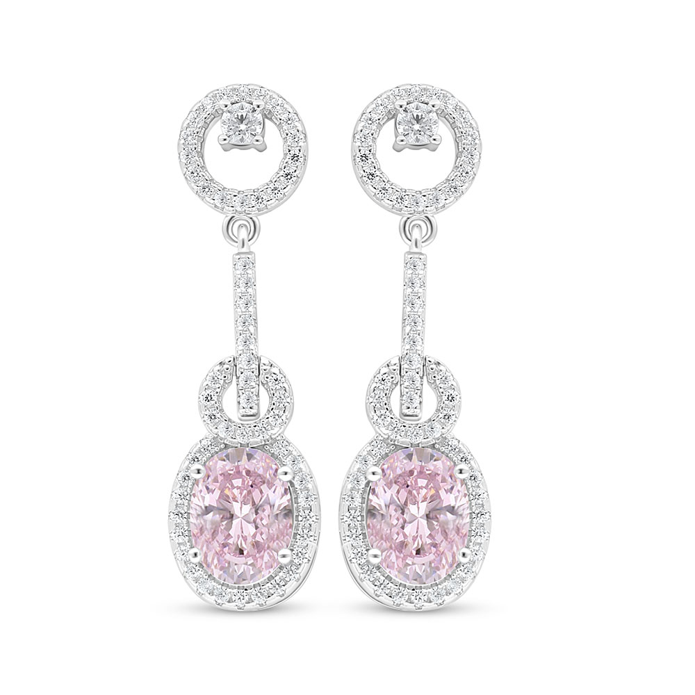 Sterling Silver 925 Earring Rhodium Plated Embedded With Pink Zircon And White Zircon