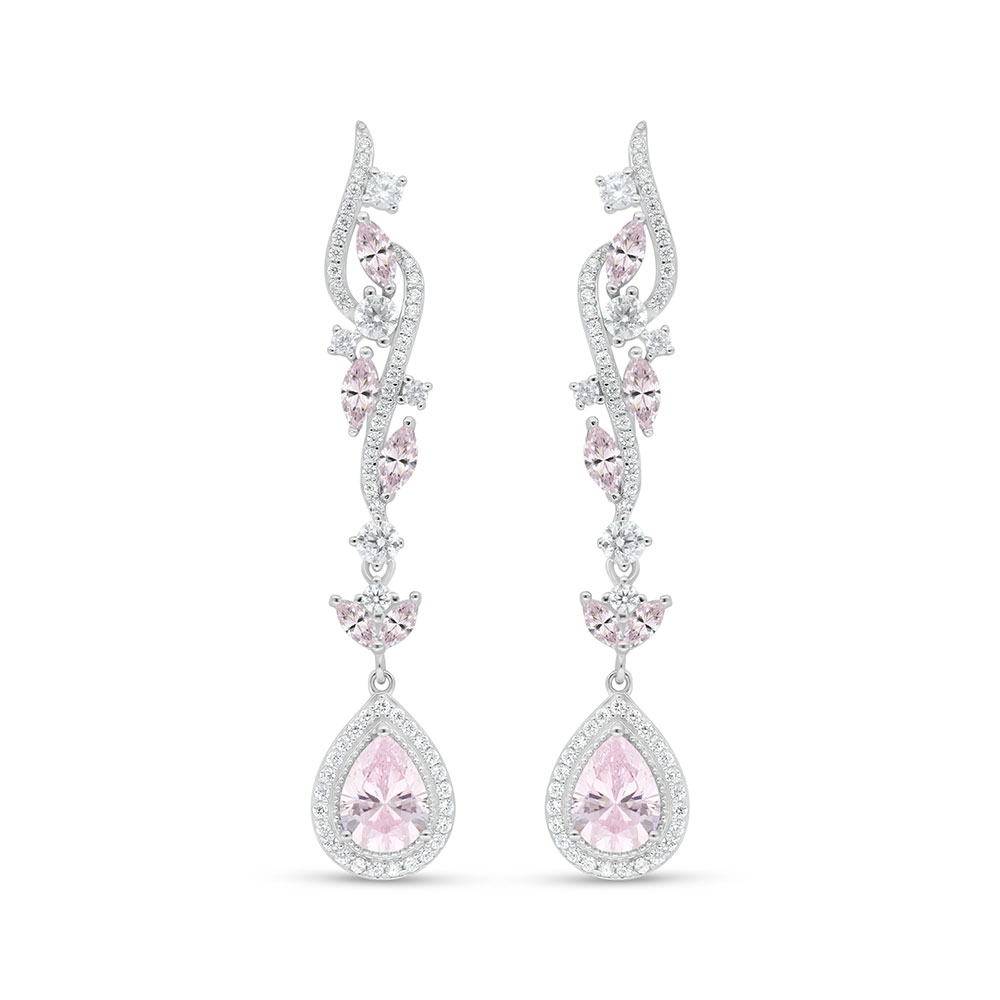 Sterling Silver 925 Earring Rhodium Plated Embedded With Pink Zircon And White Zircon