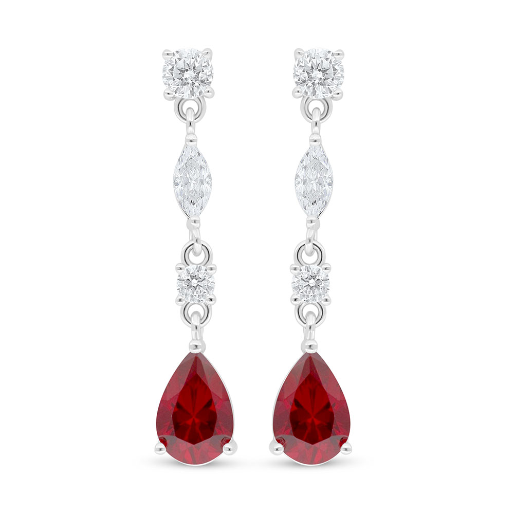 Sterling Silver 925 Earring Rhodium Plated Embedded With Ruby Corundum And White Zircon