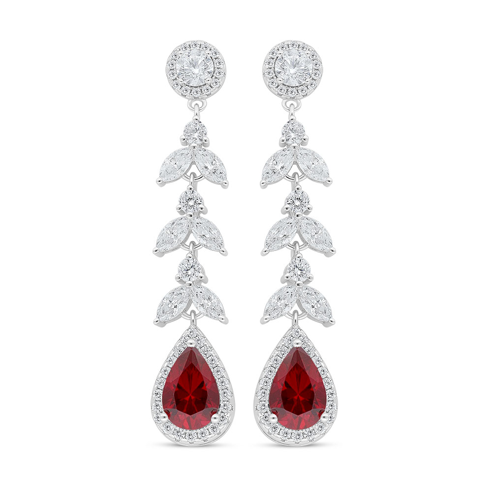 Sterling Silver 925 Earring Rhodium Plated Embedded With Ruby Corundum And White Zircon