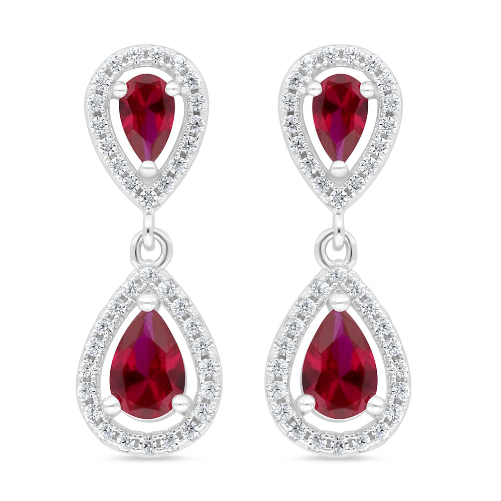 Sterling Silver 925 Earring Rhodium Plated Embedded With Ruby Corundum And White Zircon