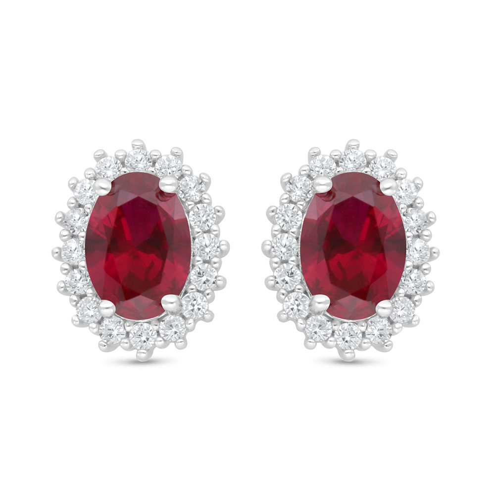 Sterling Silver 925 Earring Rhodium Plated Embedded With Ruby Corundum And White Zircon