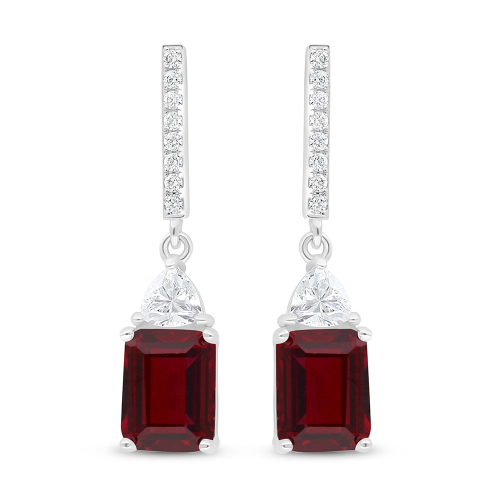 Sterling Silver 925 Earring Rhodium Plated Embedded With Ruby Corundum And White Zircon