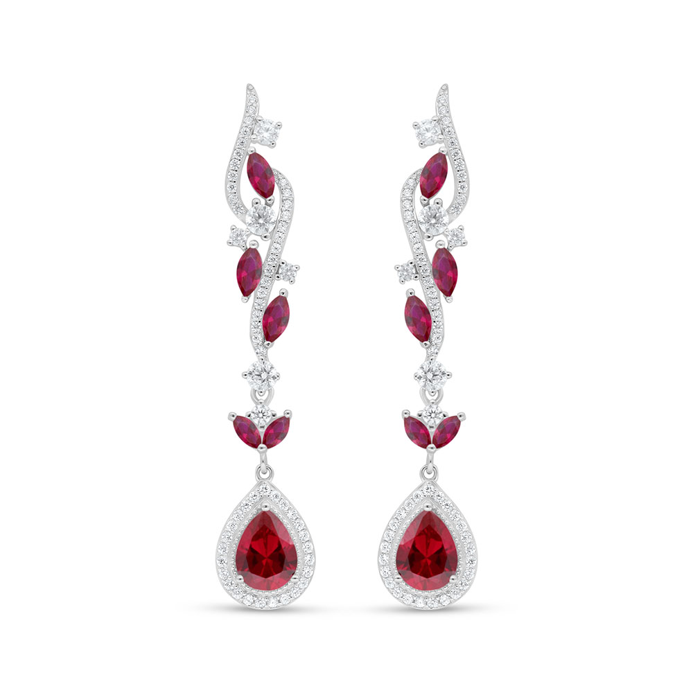 Sterling Silver 925 Earring Rhodium Plated Embedded With Ruby Corundum And White Zircon