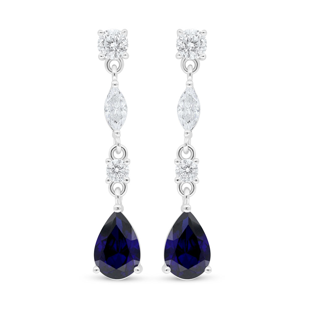 Sterling Silver 925 Earring Rhodium Plated Embedded With Sapphire Corundum And White Zircon