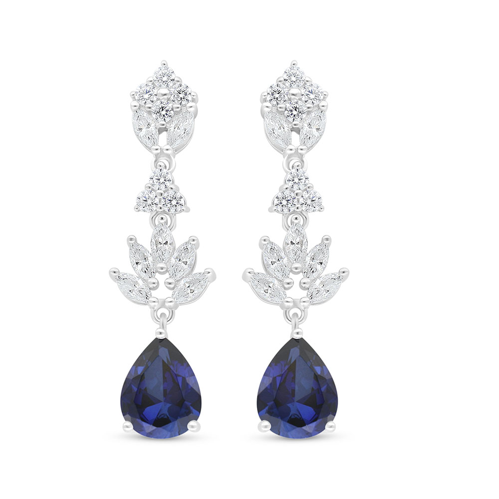 Sterling Silver 925 Earring Rhodium Plated Embedded With Sapphire Corundum And White Zircon