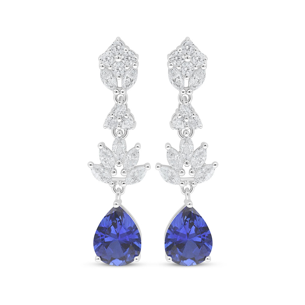 Sterling Silver 925 Earring Rhodium Plated Embedded With Sapphire Corundum And White Zircon