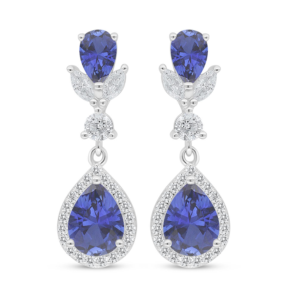 Sterling Silver 925 Earring Rhodium Plated Embedded With Sapphire Corundum And White Zircon