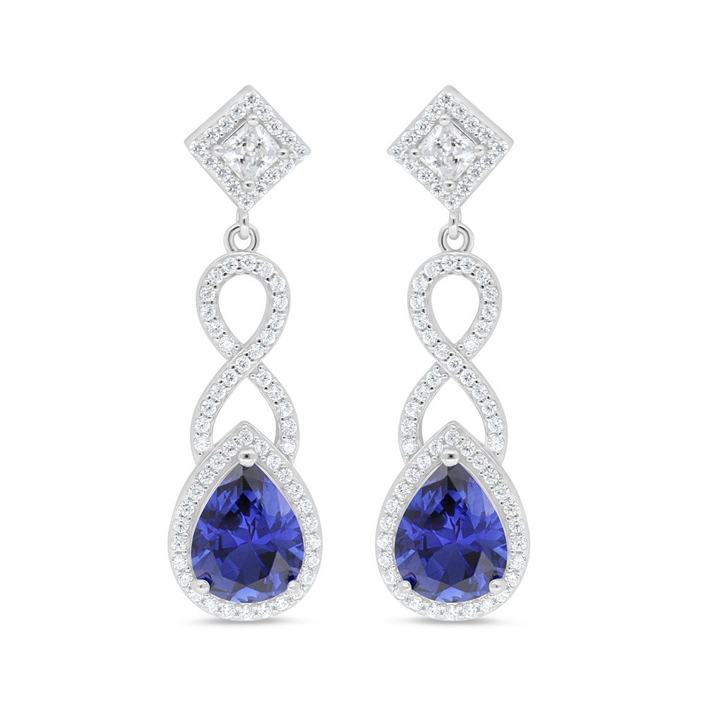 Sterling Silver 925 Earring Rhodium Plated Embedded With Sapphire Corundum And White Zircon