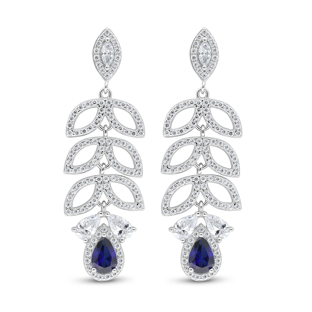 Sterling Silver 925 Earring Rhodium Plated Embedded With Sapphire Corundum And White Zircon