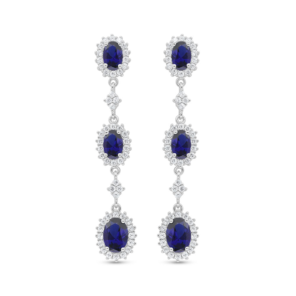 Sterling Silver 925 Earring Rhodium Plated Embedded With Sapphire Corundum And White Zircon