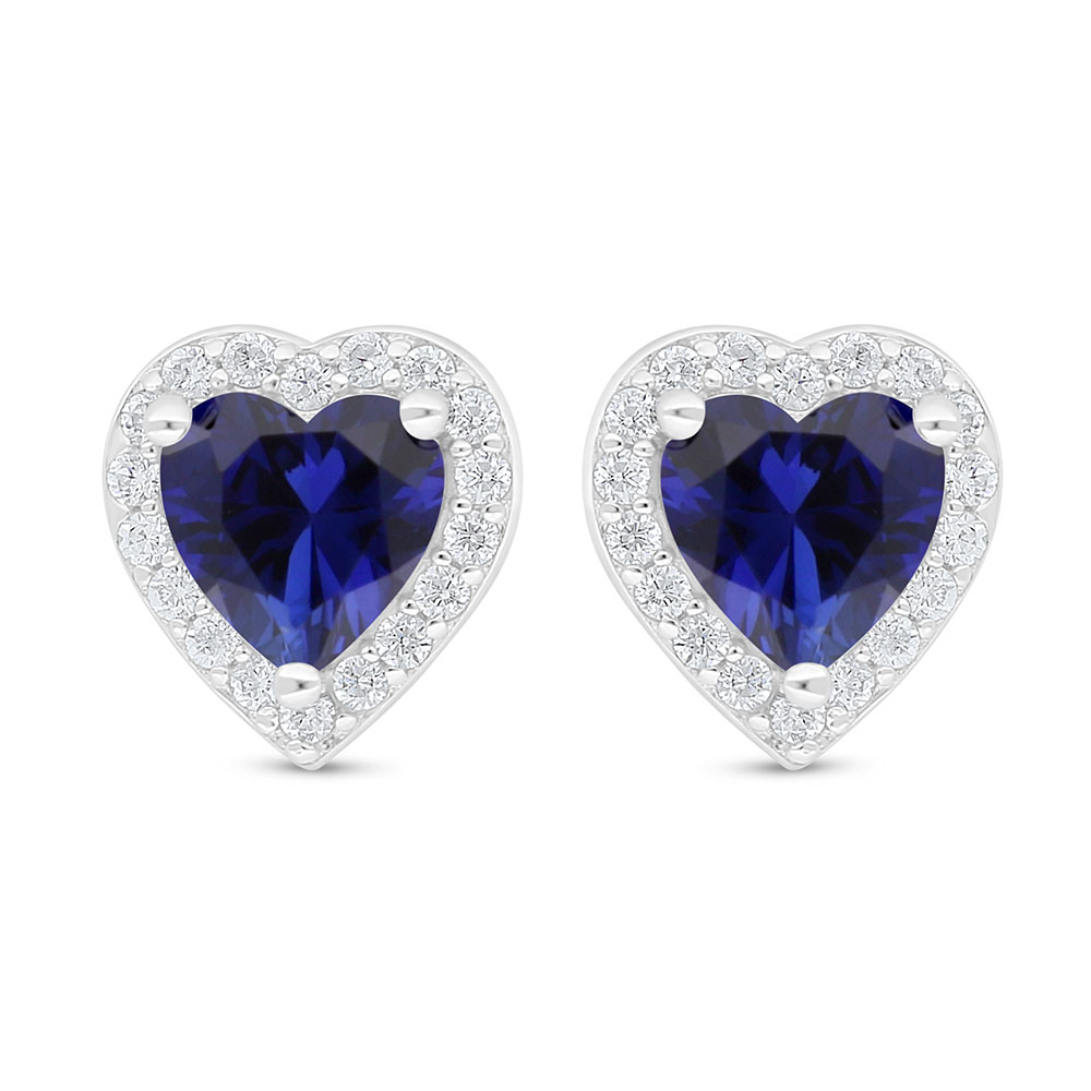 Sterling Silver 925 Earring Rhodium Plated Embedded With Sapphire Corundum And White Zircon