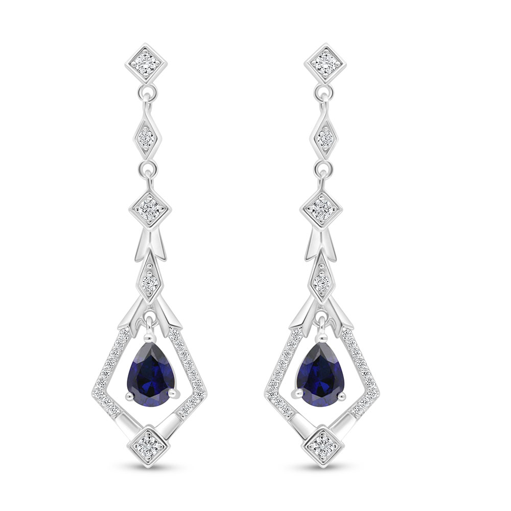 Sterling Silver 925 Earring Rhodium Plated Embedded With Sapphire Corundum And White Zircon