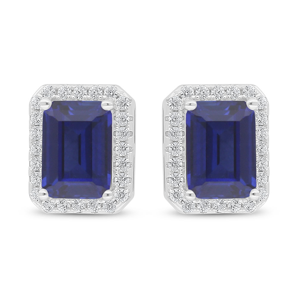 Sterling Silver 925 Earring Rhodium Plated Embedded With Sapphire Corundum And White Zircon