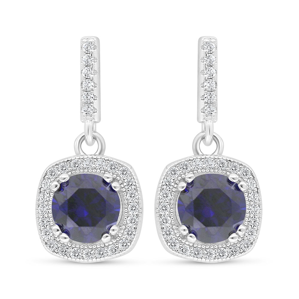 Sterling Silver 925 Earring Rhodium Plated Embedded With Sapphire Corundum And White Zircon