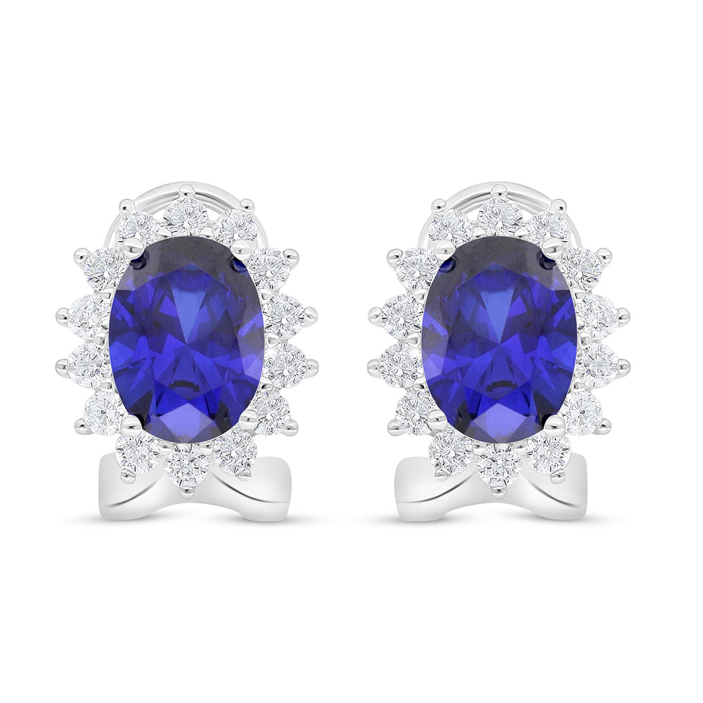 Sterling Silver 925 Earring Rhodium Plated Embedded With Sapphire Corundum And White Zircon