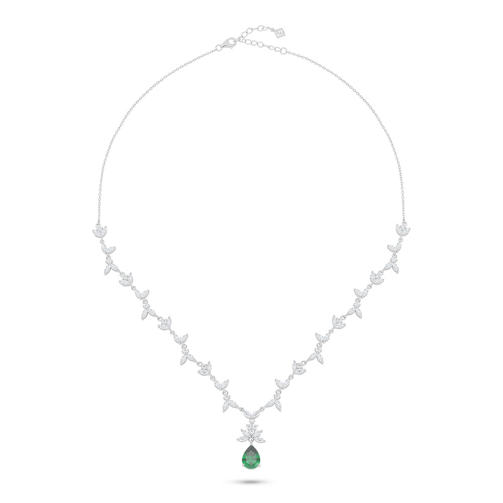 Sterling Silver 925 Necklace Rhodium Plated Embedded With Emerald Zircon And White Zircon