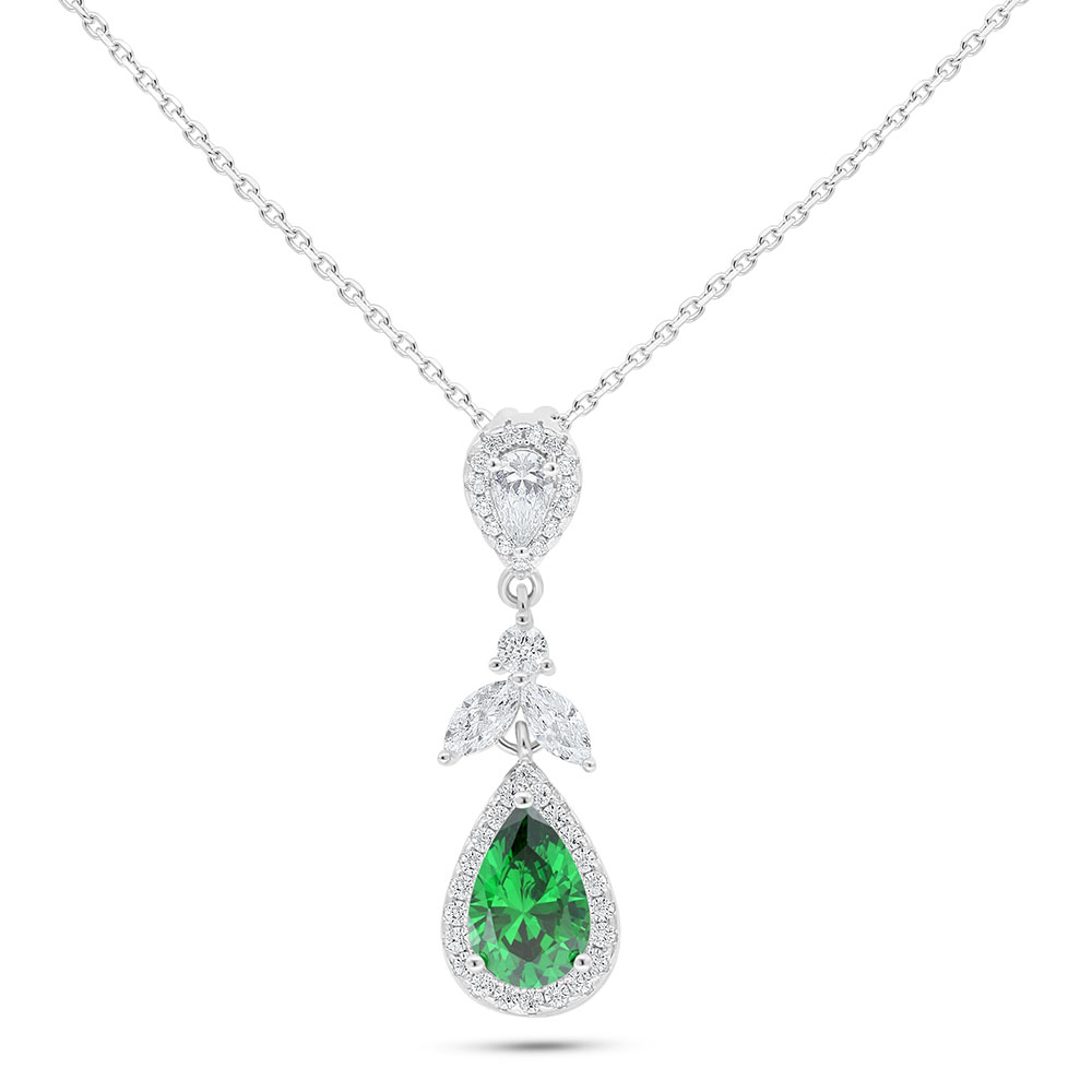 Sterling Silver 925 Necklace Rhodium Plated Embedded With Emerald Zircon And White Zircon