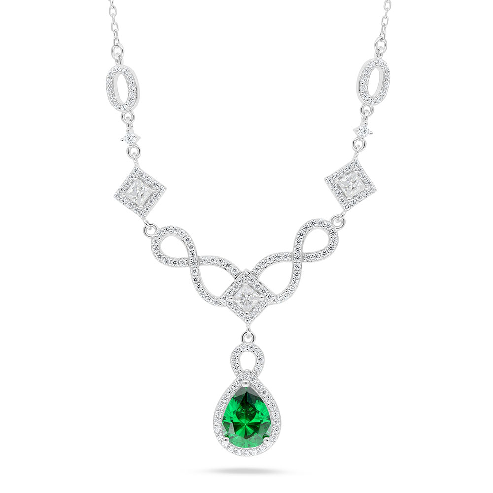 Sterling Silver 925 Necklace Rhodium Plated Embedded With Emerald Zircon And White Zircon