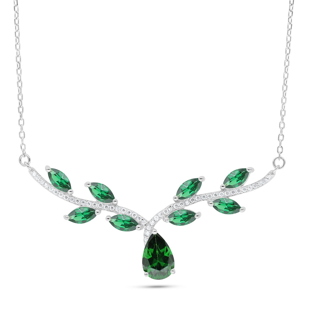 Sterling Silver 925 Necklace Rhodium Plated Embedded With Emerald Zircon And White Zircon